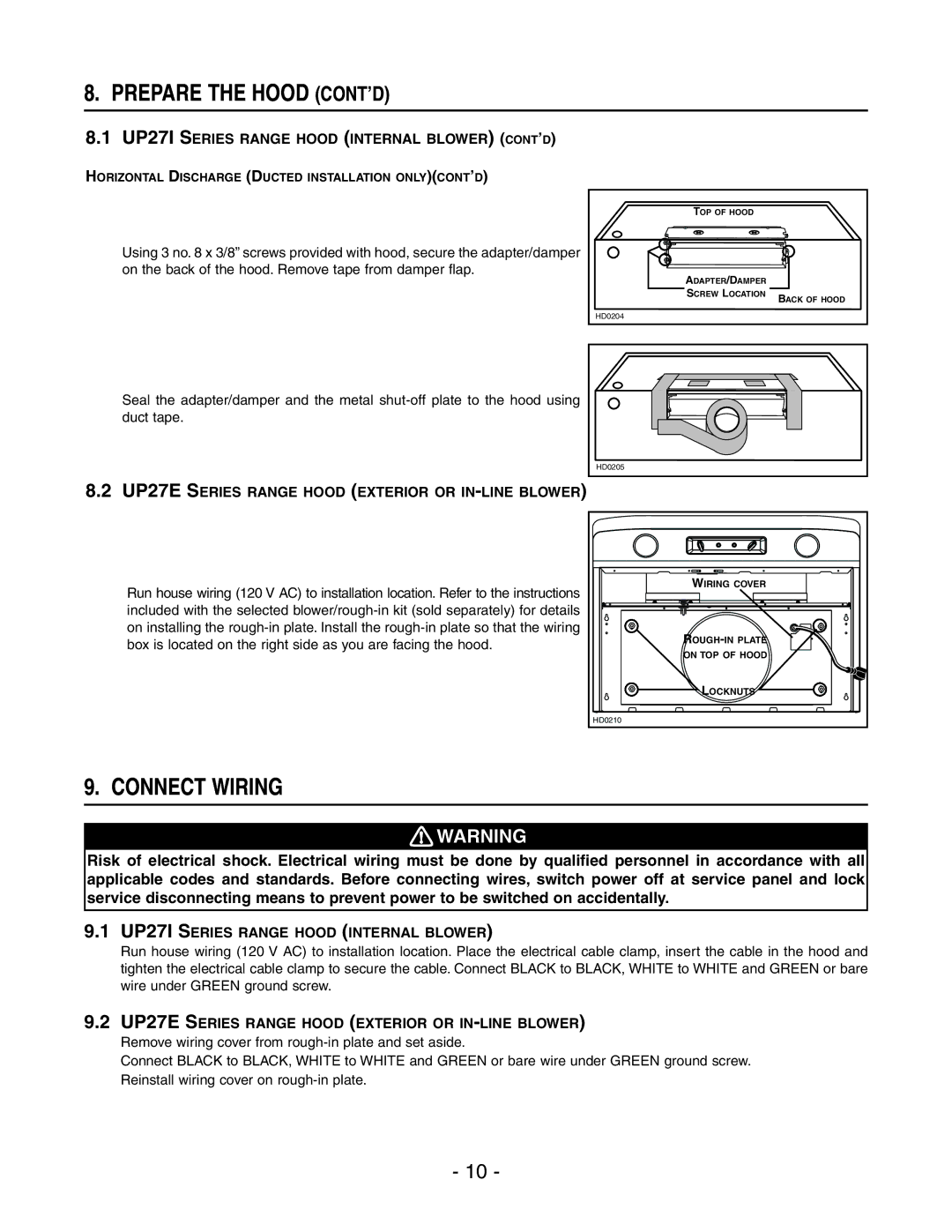 Best UP271 manual Connect Wiring, UP27E Series Range Hood Exterior or IN-LINE Blower 