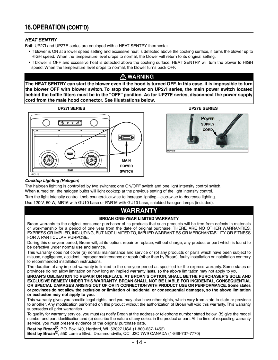 Best UP271 manual Operation CONT’D, UP27E Series, Broan ONE-YEAR Limited Warranty 