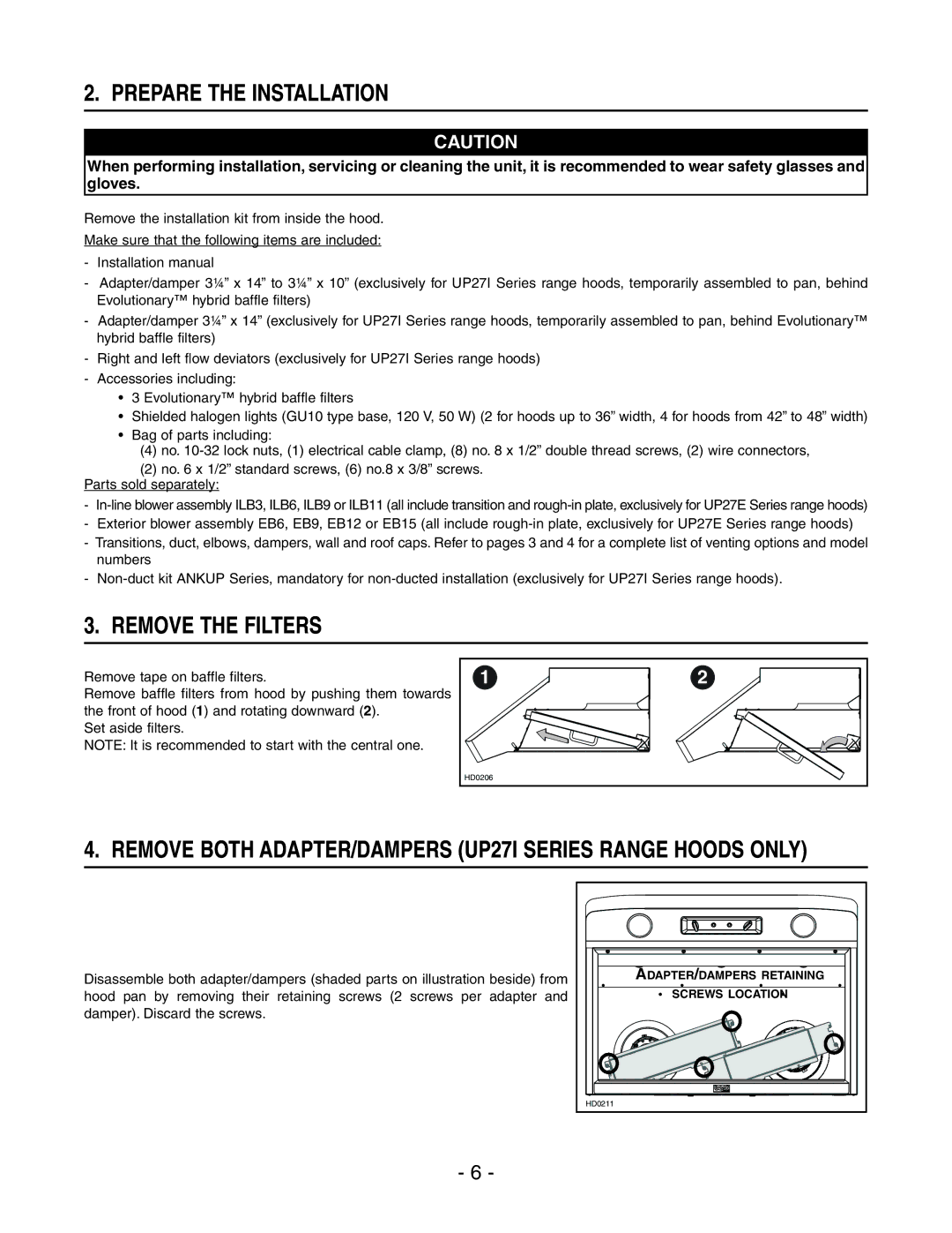 Best UP271, UP27E Prepare the Installation, Remove the Filters, Remove Both ADAPTER/DAMPERS UP27I Series Range Hoods only 