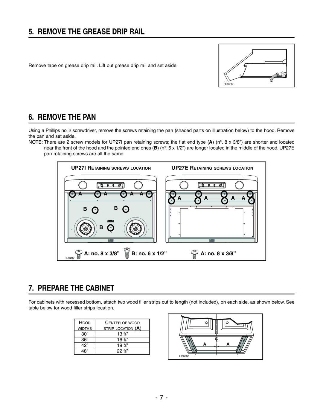 Best UP27E, UP271 manual Remove the Grease Drip Rail, Remove the PAN, Prepare the Cabinet 