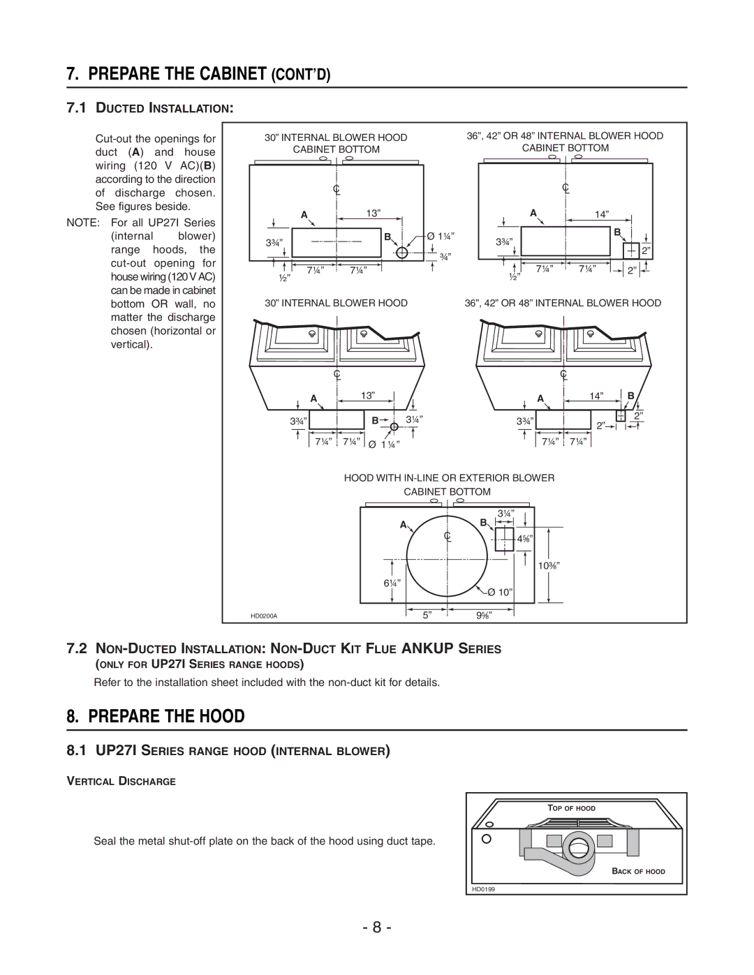 Best UP271, UP27E Prepare the Cabinet CONT’D, Prepare the Hood, NON-DUCTED Installation NON-DUCT KIT Flue Ankup Series 