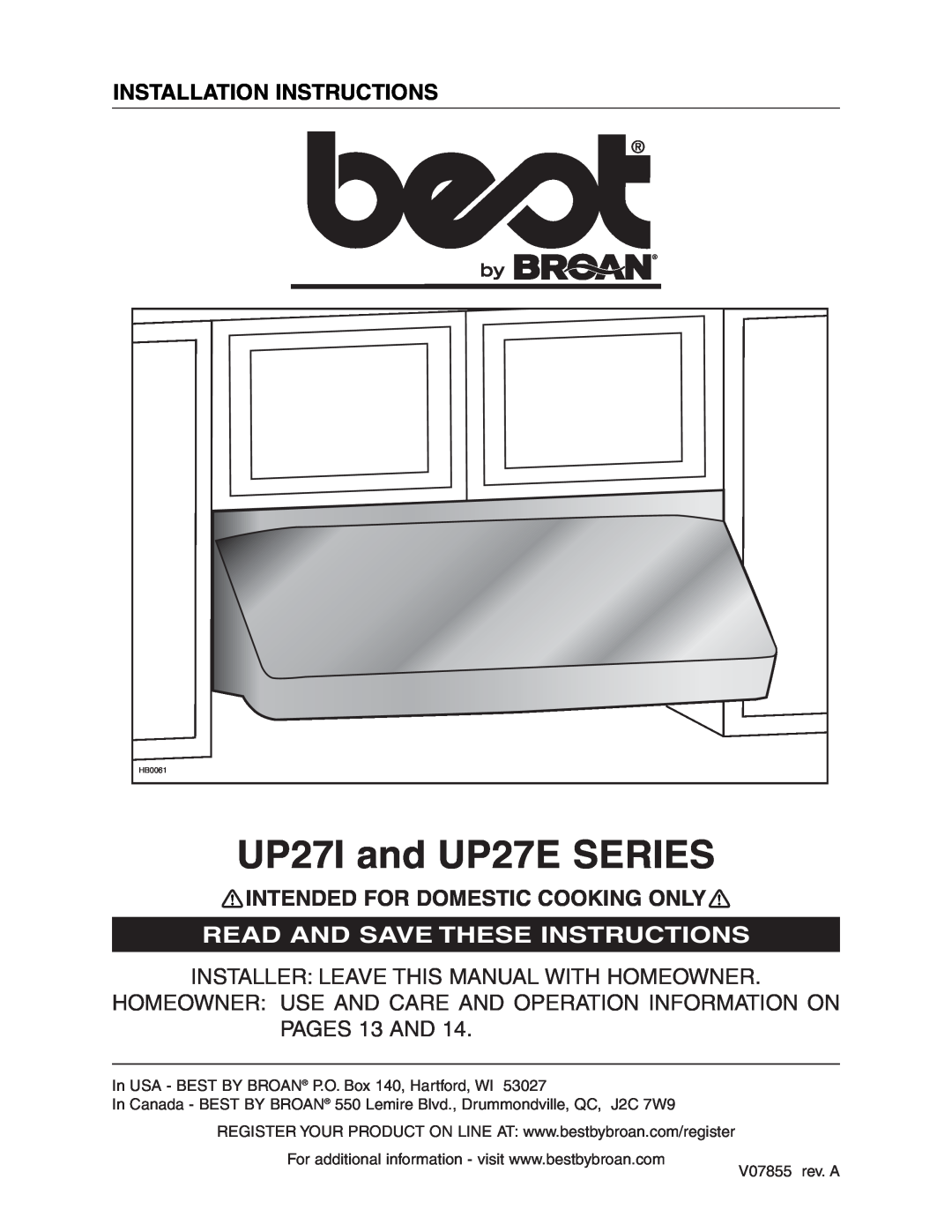 Best specifications UP27E SERIES RANGE HOOD, Specification Sheet, For domestic cooking only, IN 30” 