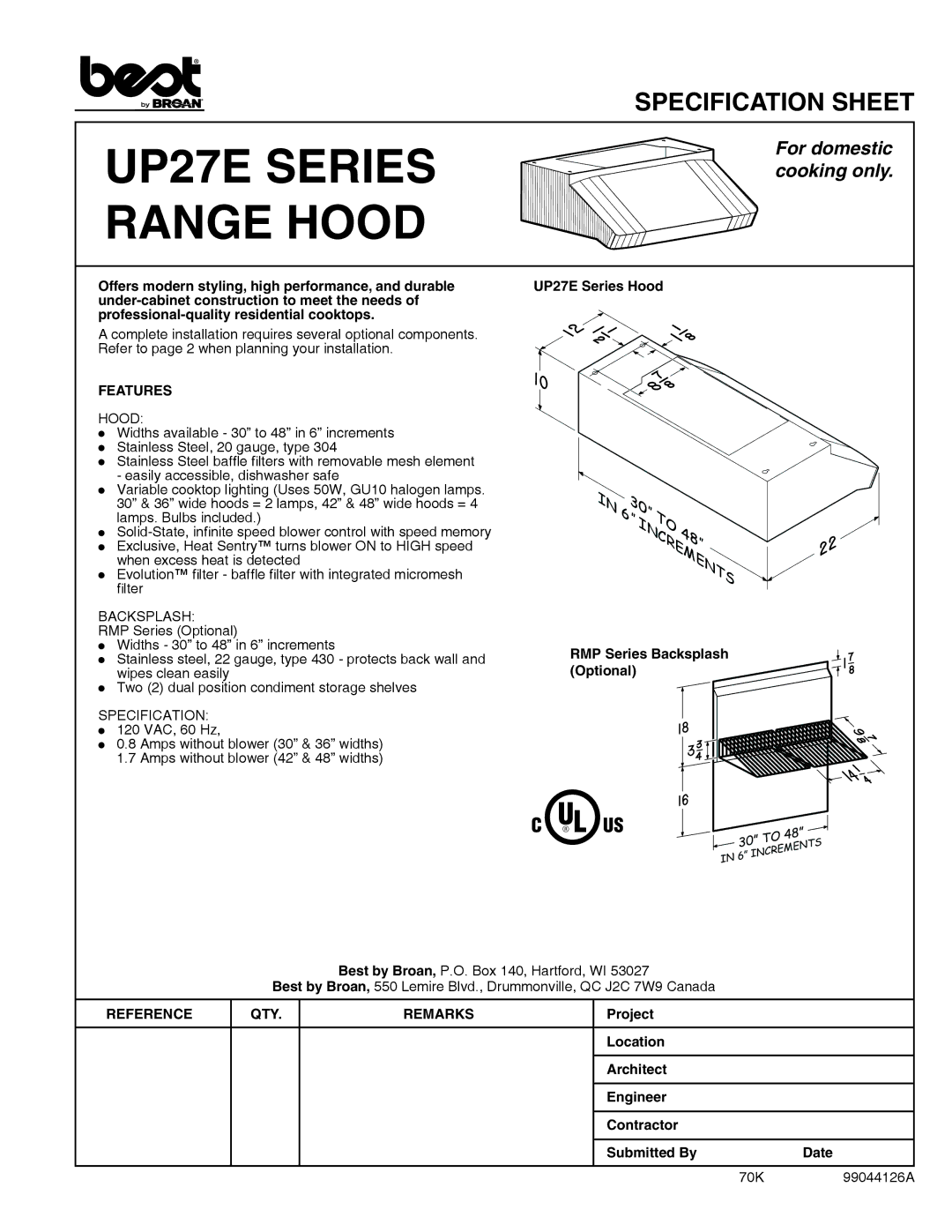 Best specifications UP27E Series Range Hood, For domestic cooking only, Features, Reference QTY Remarks 