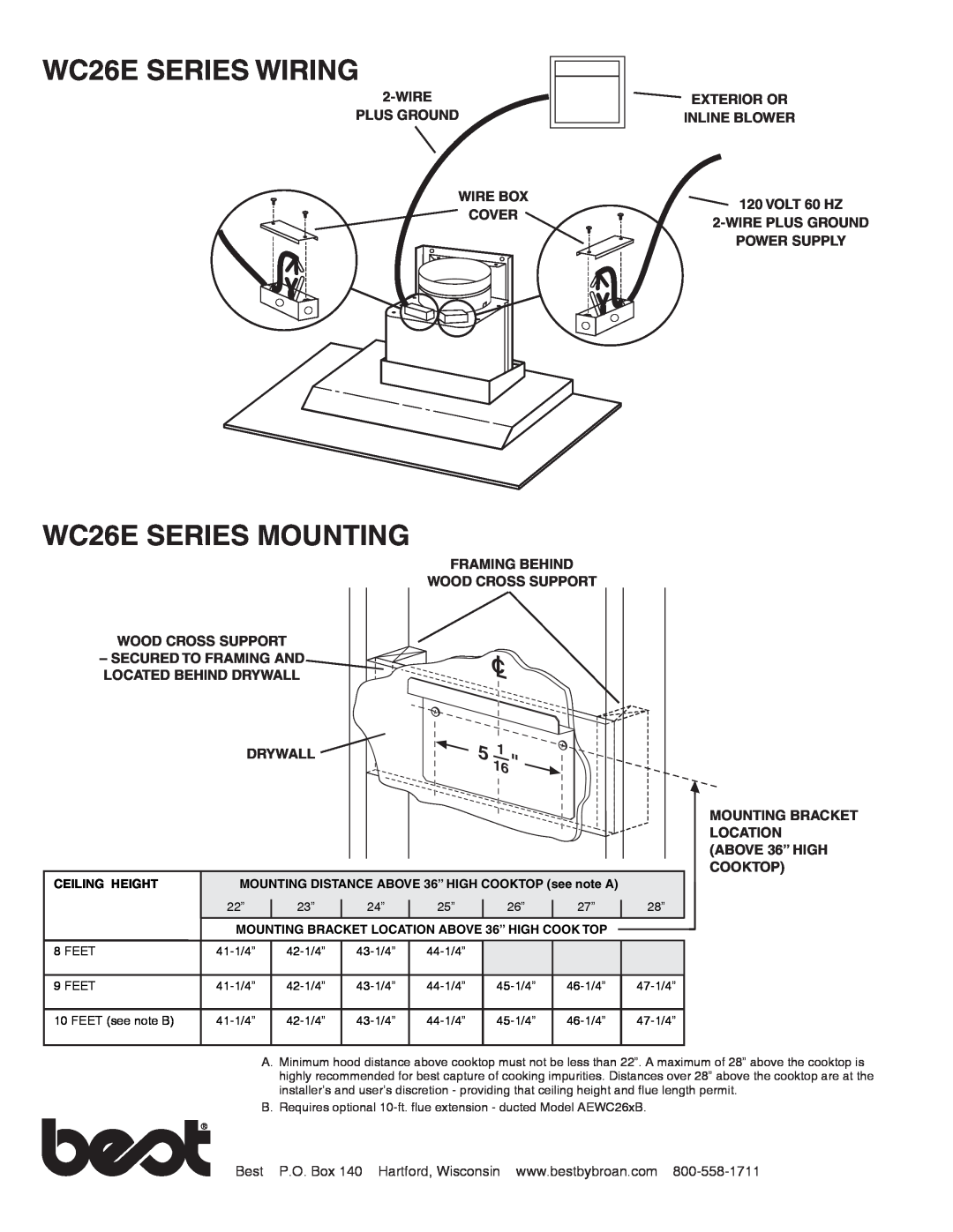 Best WC26E Series WC26E SERIES WIRING, WC26E SERIES MOUNTING, Ceiling Height, Mounting Bracket Location Above, 36” high 