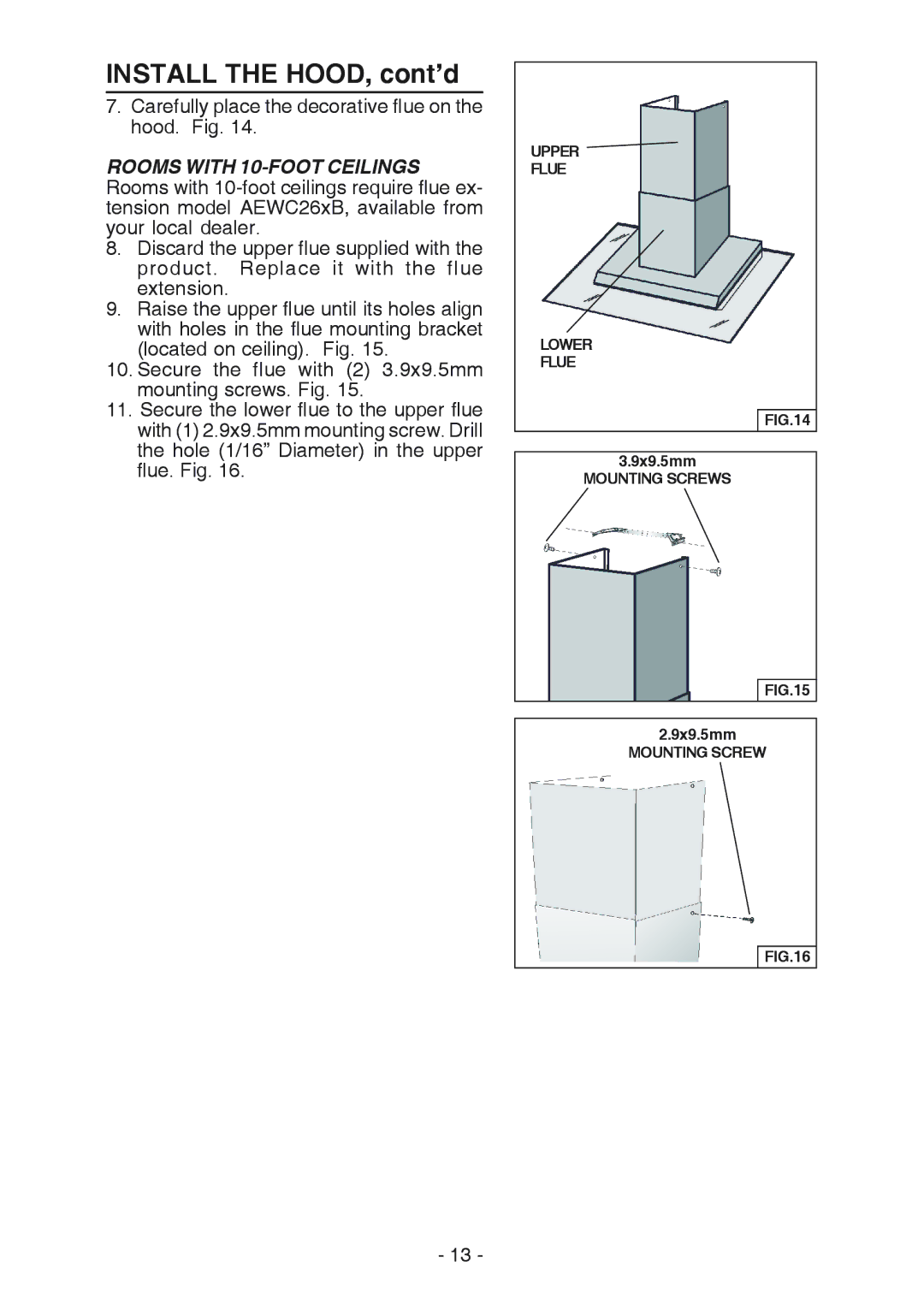 Best WC26E manual Install the HOOD, cont’d, Rooms with 10-FOOT Ceilings 