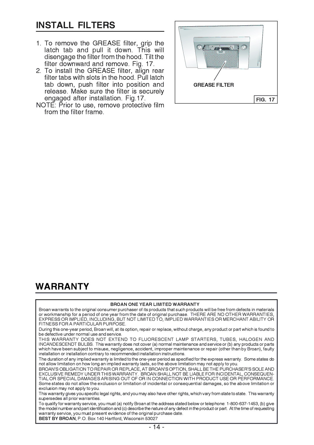 Best WC26E manual Install Filters, Broan ONE Year Limited Warranty 