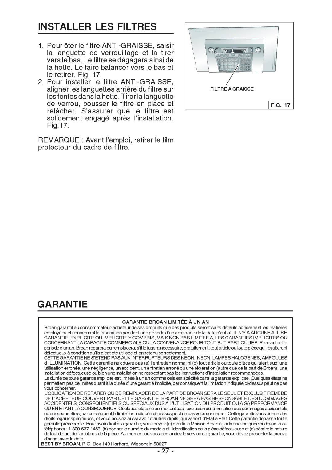 Best WC26E manual Installer LES Filtres, Filtre a Graisse, Garantie Broan Limitée À UN AN 