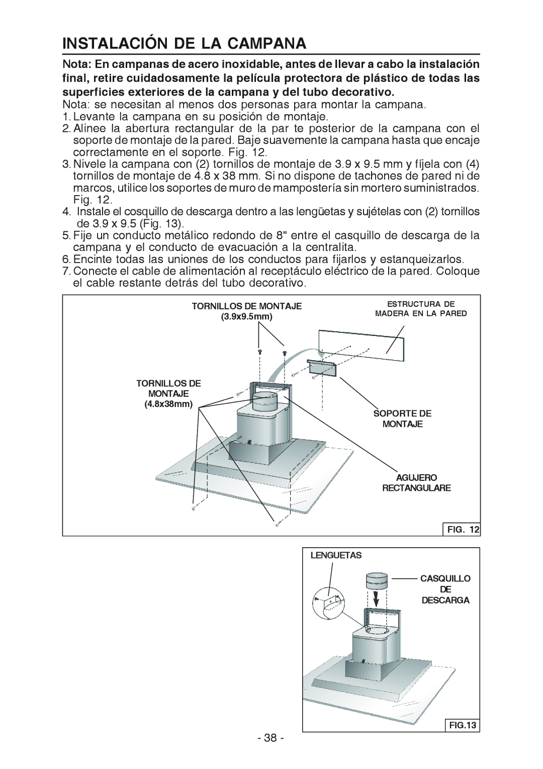 Best WC26E manual Instalación DE LA Campana, Tornillos DE Montaje Estructura DE, Madera EN LA Pared 