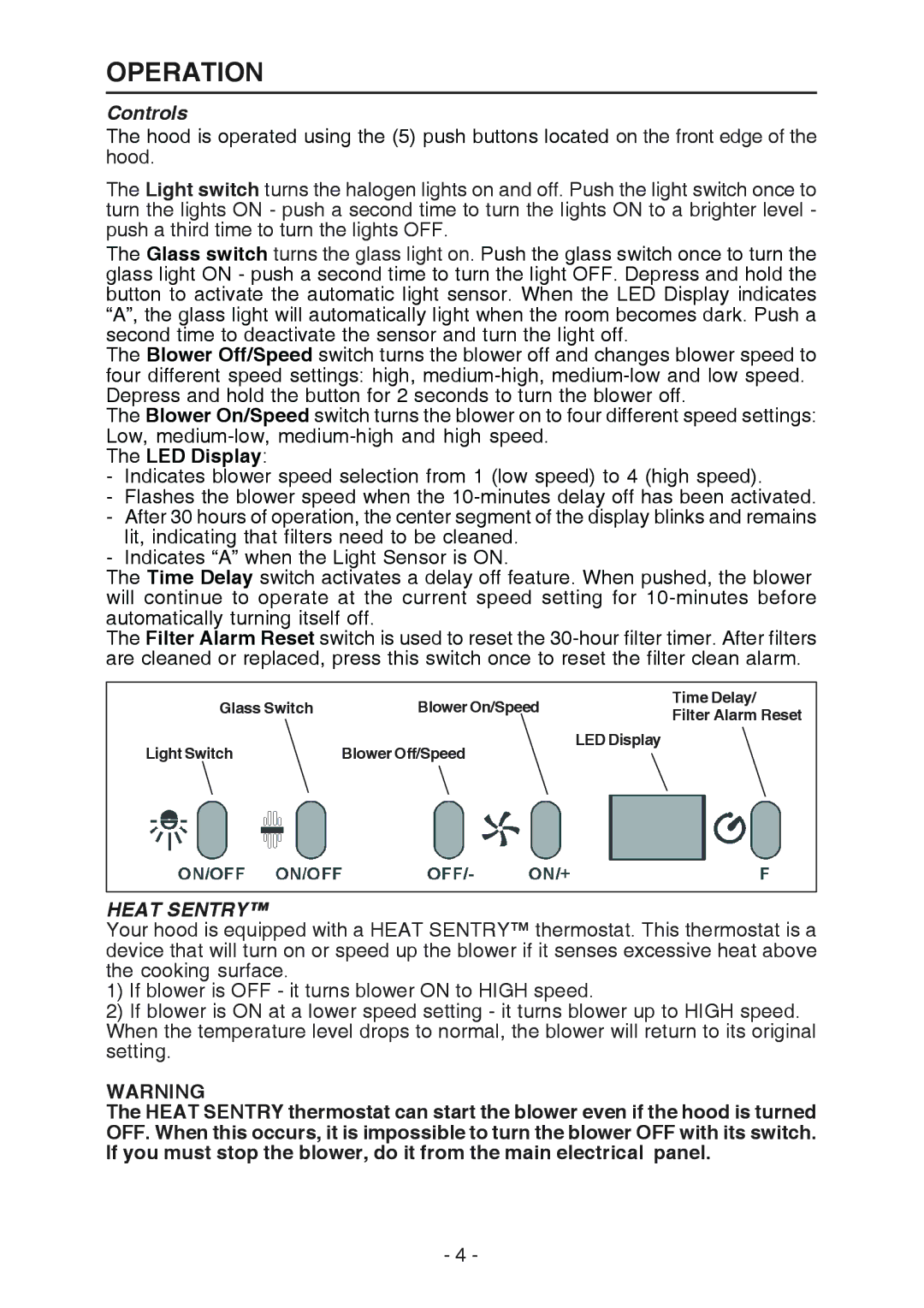 Best WC26E manual Operation, Controls, LED Display, Heat Sentry 