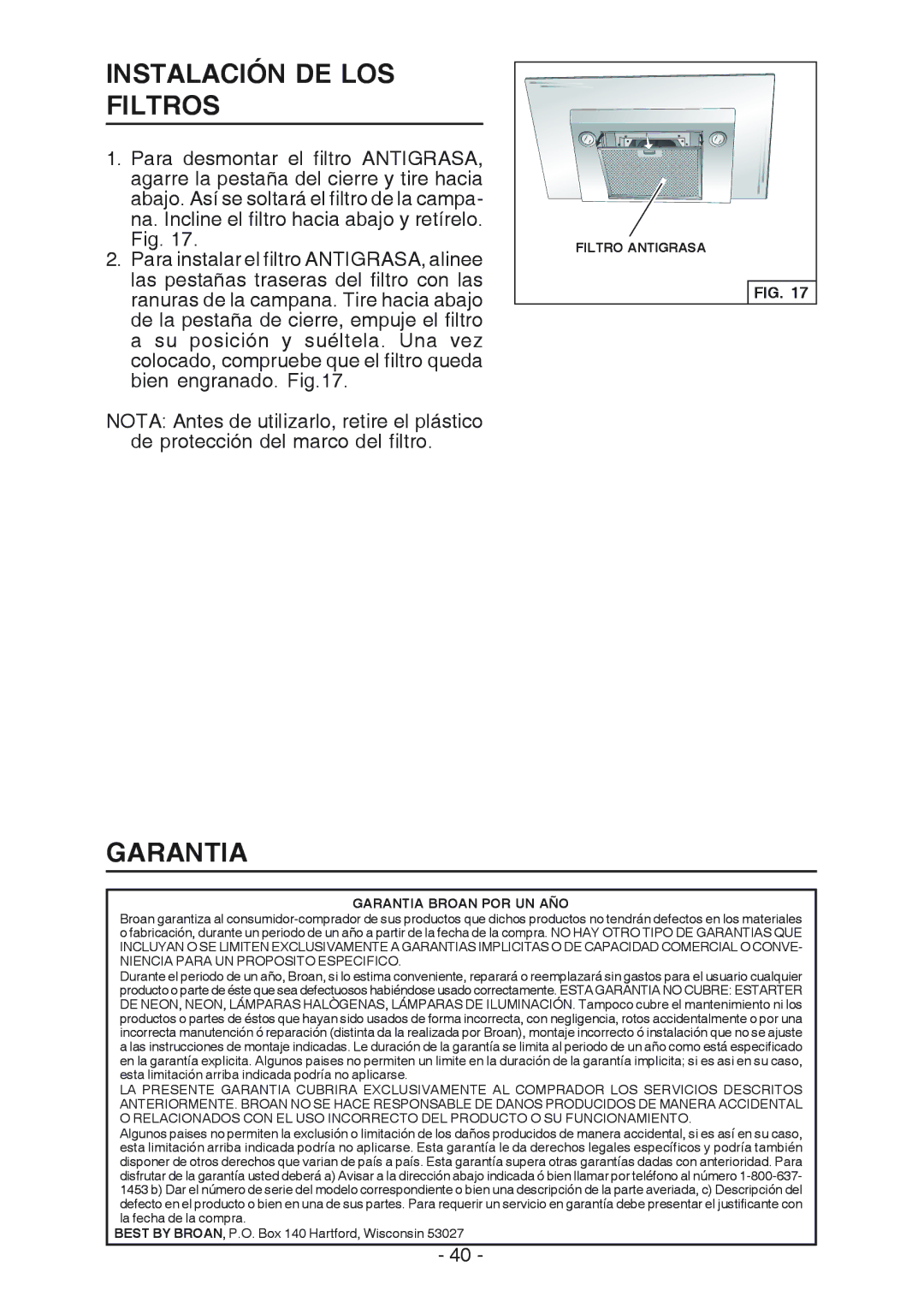 Best WC26E manual Instalación DE LOS Filtros, Filtro Antigrasa, Garantia Broan POR UN AÑO 