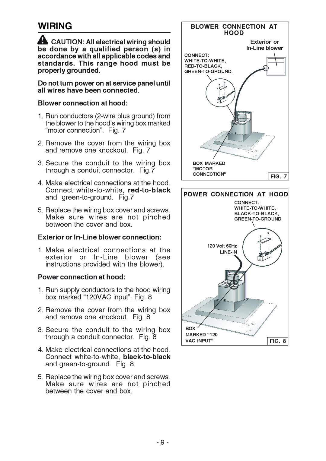 Best WC26E manual Wiring, Exterior or In-Line blower connection, Power connection at hood, LINE-IN BOX Marked VAC Input 