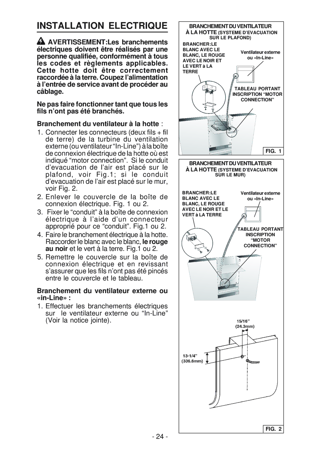 Best WM24E manual Installation Electrique, Branchement du ventilateur externe ou «in-Line» 