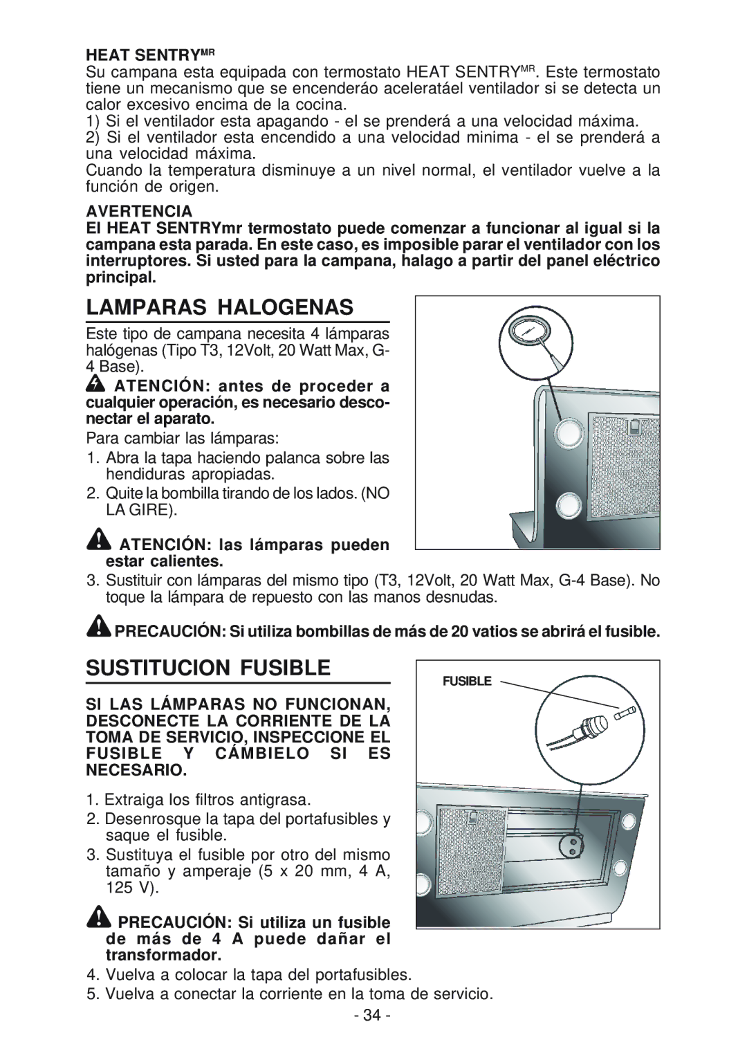 Best WM24E manual Lamparas Halogenas, Sustitucion Fusible, Atención las lámparas pueden estar calientes 