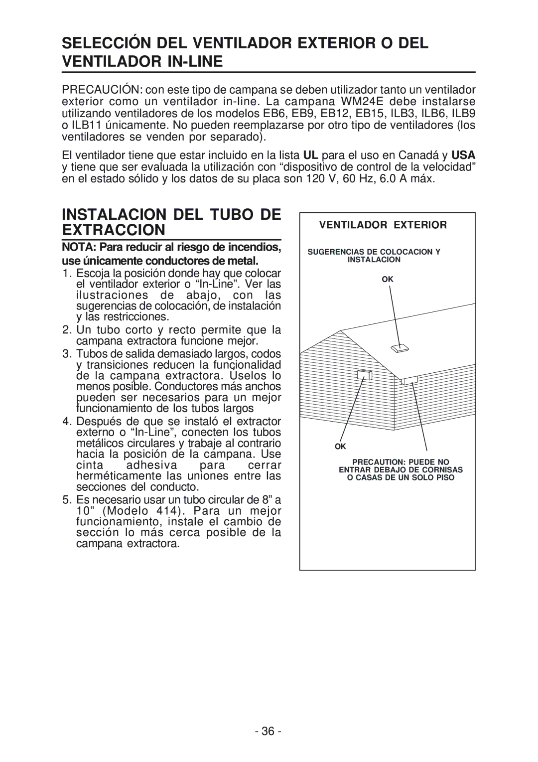 Best WM24E manual Selección DEL Ventilador Exterior O DEL Ventilador IN-LINE, Instalacion DEL Tubo DE Extraccion 