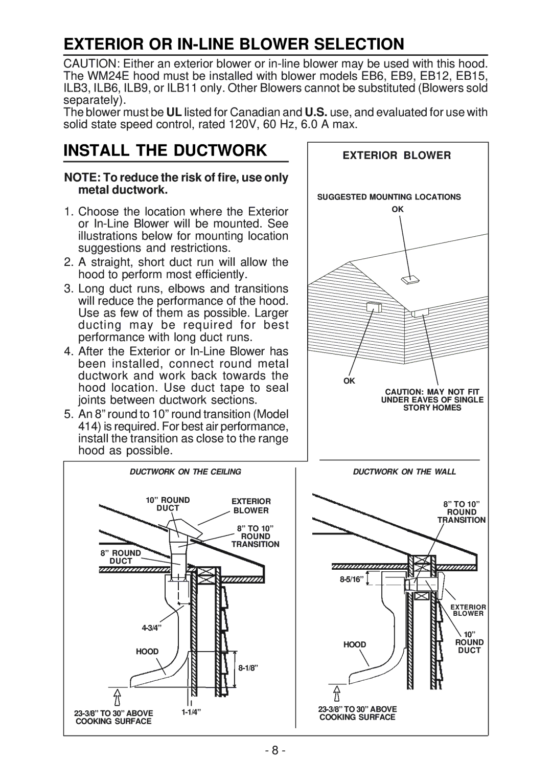 Best WM24E manual Exterior or IN-LINE Blower Selection, Install the Ductwork 