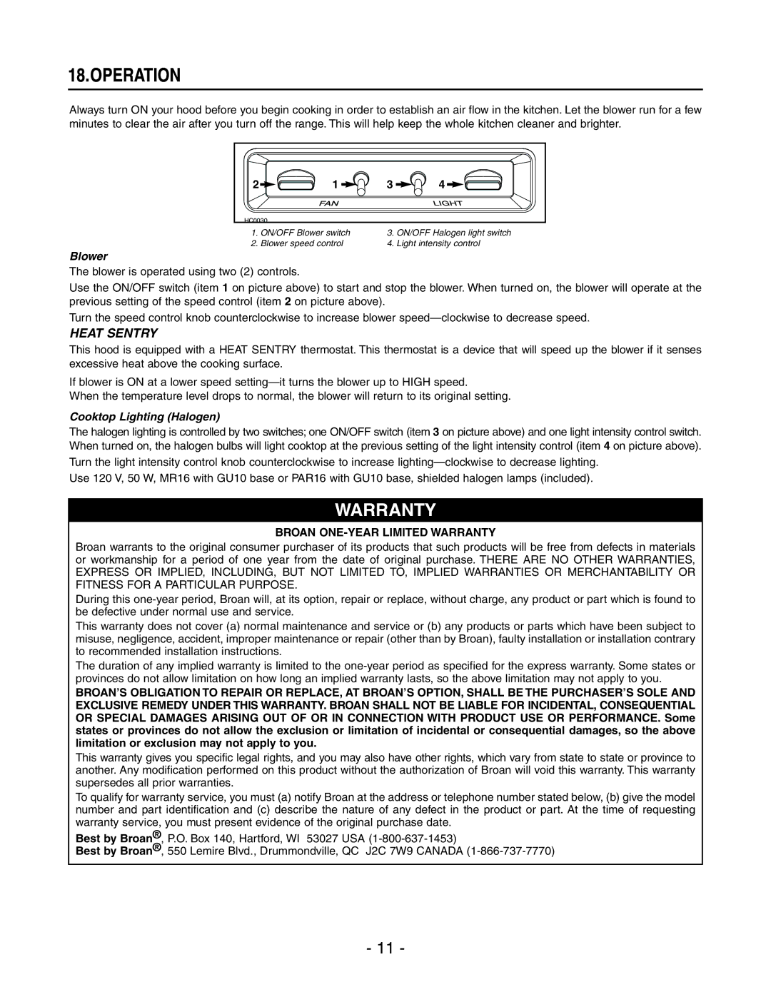 Best WP29M installation instructions Operation, Blower, Cooktop Lighting Halogen, Broan ONE-YEAR Limited Warranty 