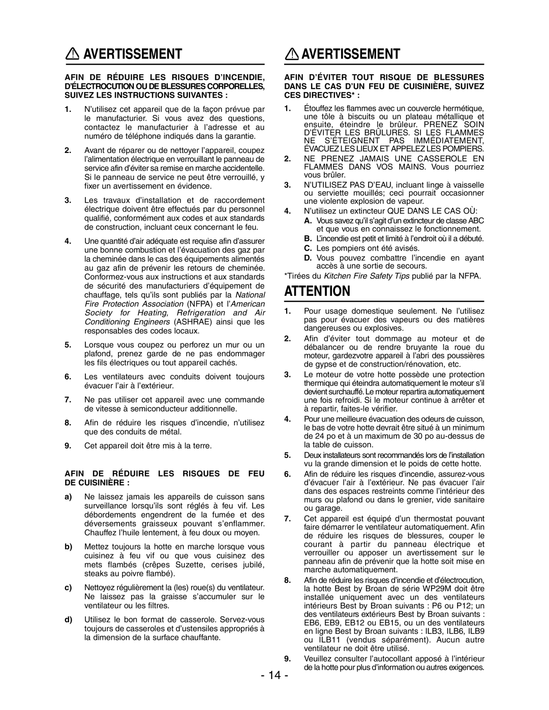 Best WP29M installation instructions Avertissement, Afin DE Réduire LES Risques DE FEU DE Cuisinière 