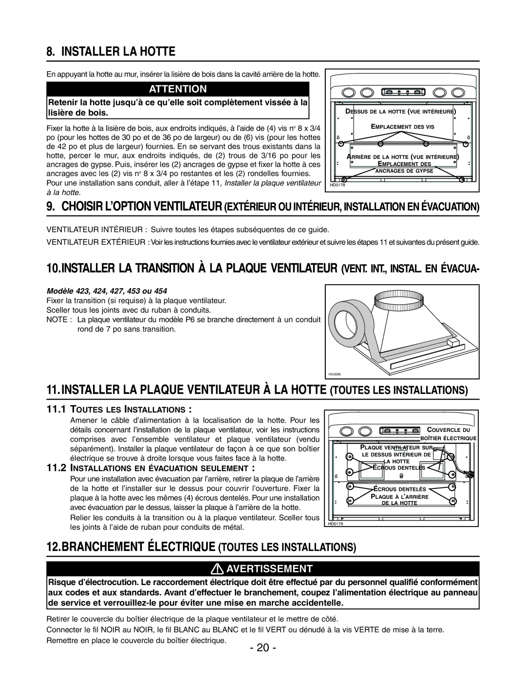 Best WP29M Installer LA Hotte, Branchement Électrique Toutes LES Installations, Modèle 423, 424, 427, 453 ou 