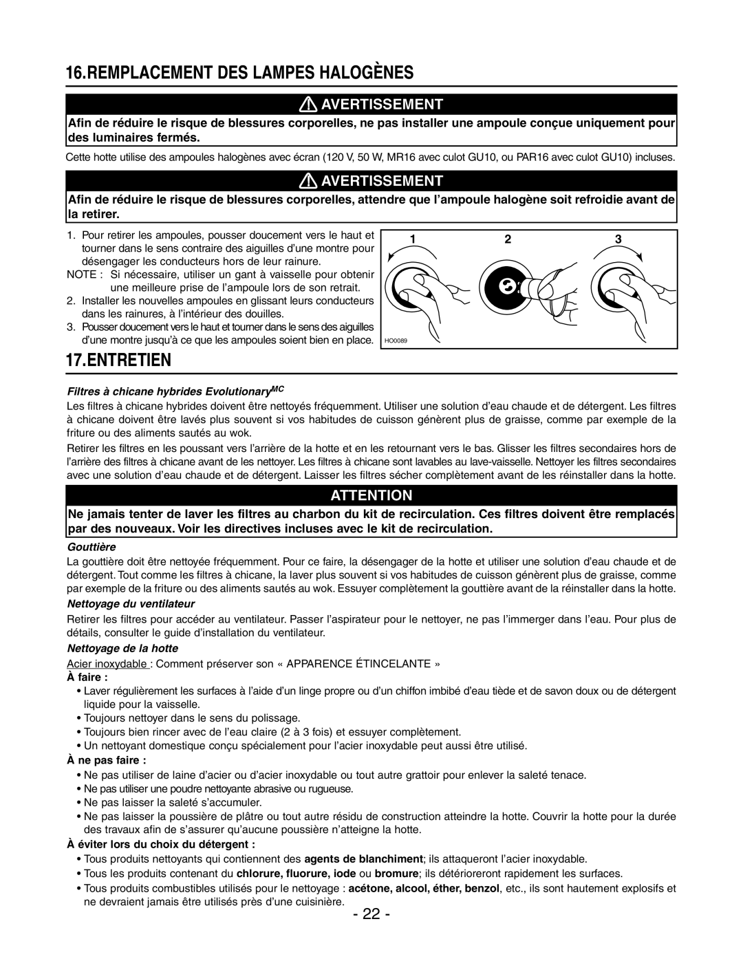 Best WP29M installation instructions Remplacement DES Lampes Halogènes, Entretien 