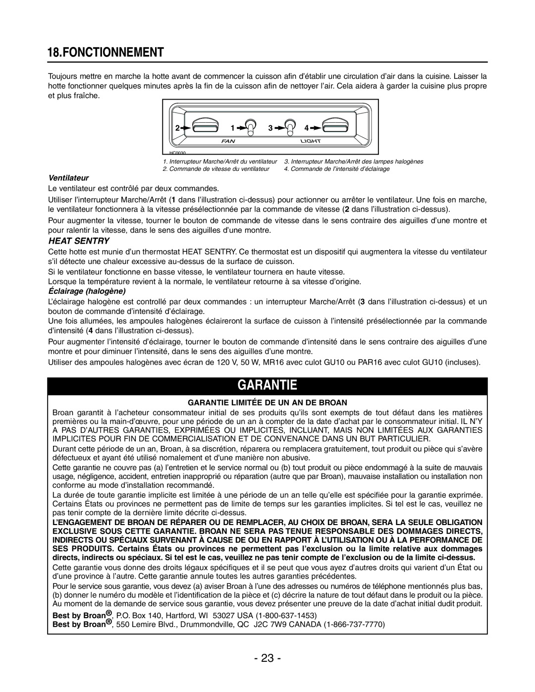 Best WP29M Fonctionnement, Ventilateur, Le ventilateur est contrôlé par deux commandes, Éclairage halogène 