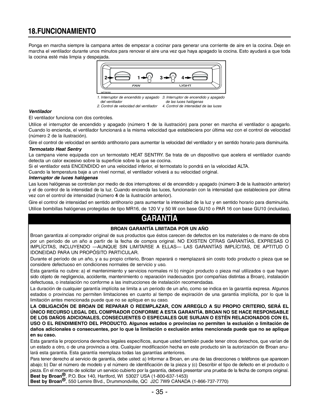 Best WP29M installation instructions Funcionamiento, Ventilador, Termostato Heat Sentry, Interruptor de luces halógenas 