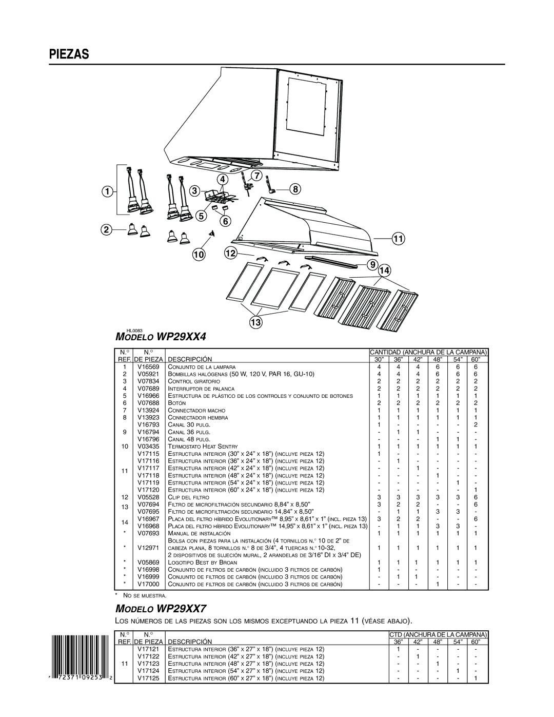 Best WP29M installation instructions Piezas, Modelo WP29XX4 