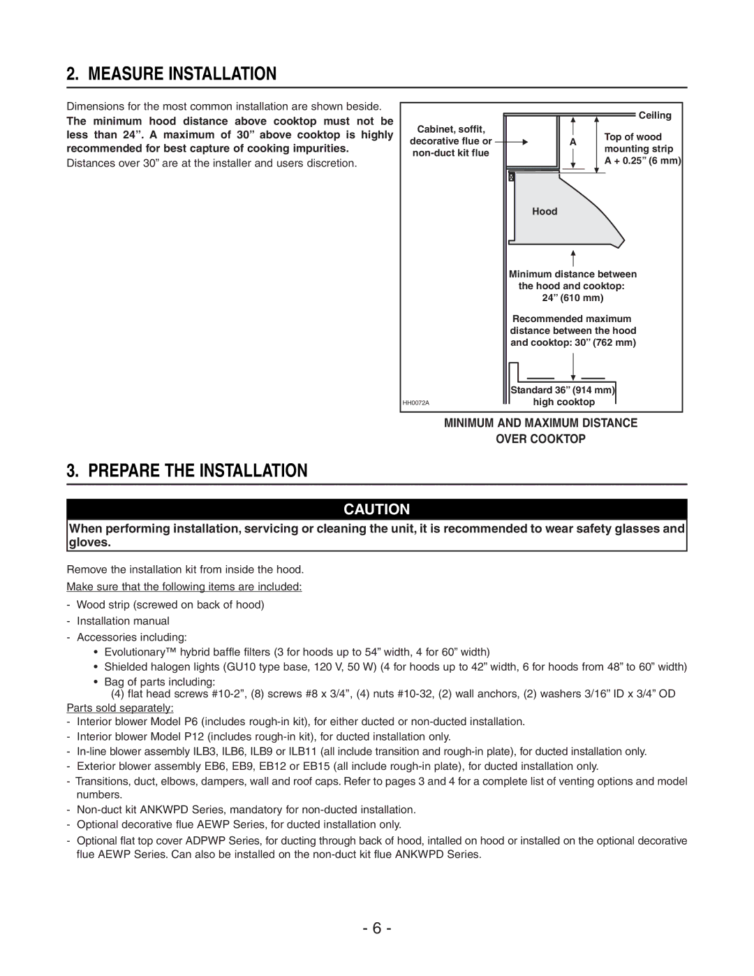 Best WP29M Measure Installation, Prepare the Installation, Distances over 30 are at the installer and users discretion 