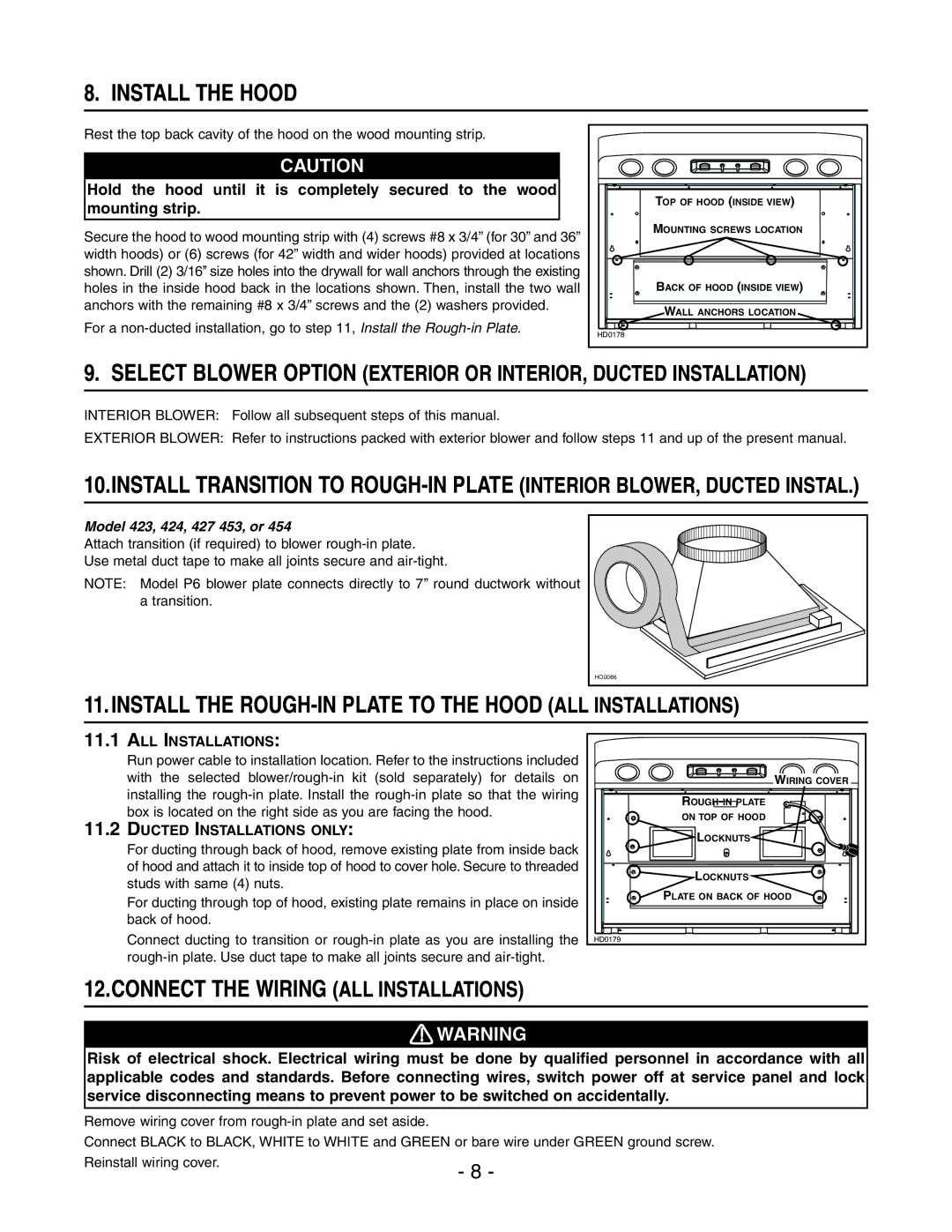 Best WP29M Install the Hood, Install the ROUGH-IN Plate to the Hood ALL Installations, Model 423, 424, 427 453, or 