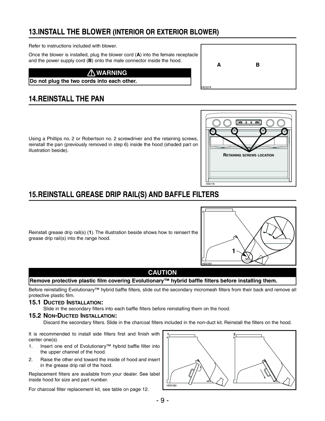 Best WP29M Reinstall the PAN, Reinstall Grease Drip Rails and Baffle Filters, Refer to instructions included with blower 