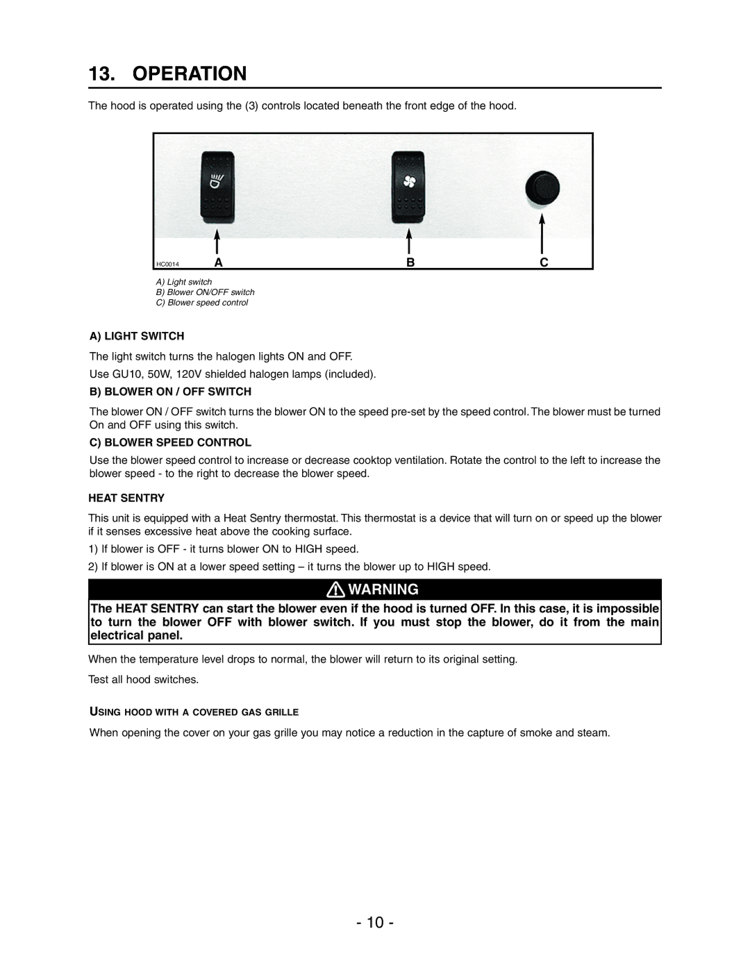 Best WPD28I installation instructions Operation, Light Switch 