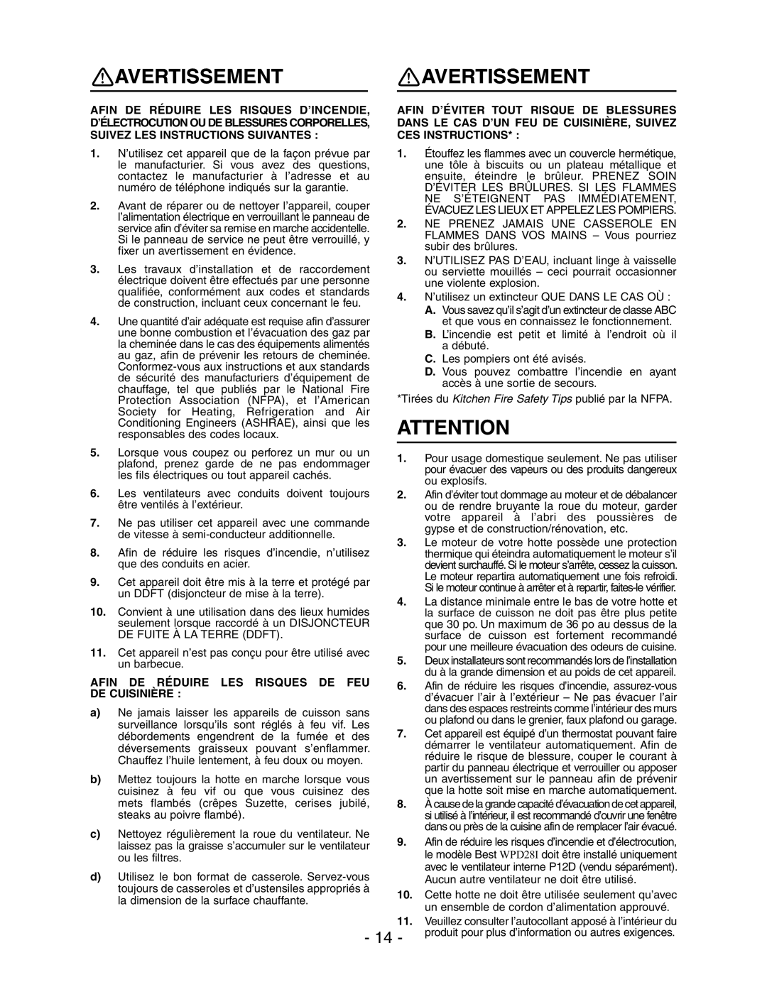 Best WPD28I installation instructions AVERTISSEMENT! Avertissement, Afin DE Réduire LES Risques DE FEU DE Cuisinière 