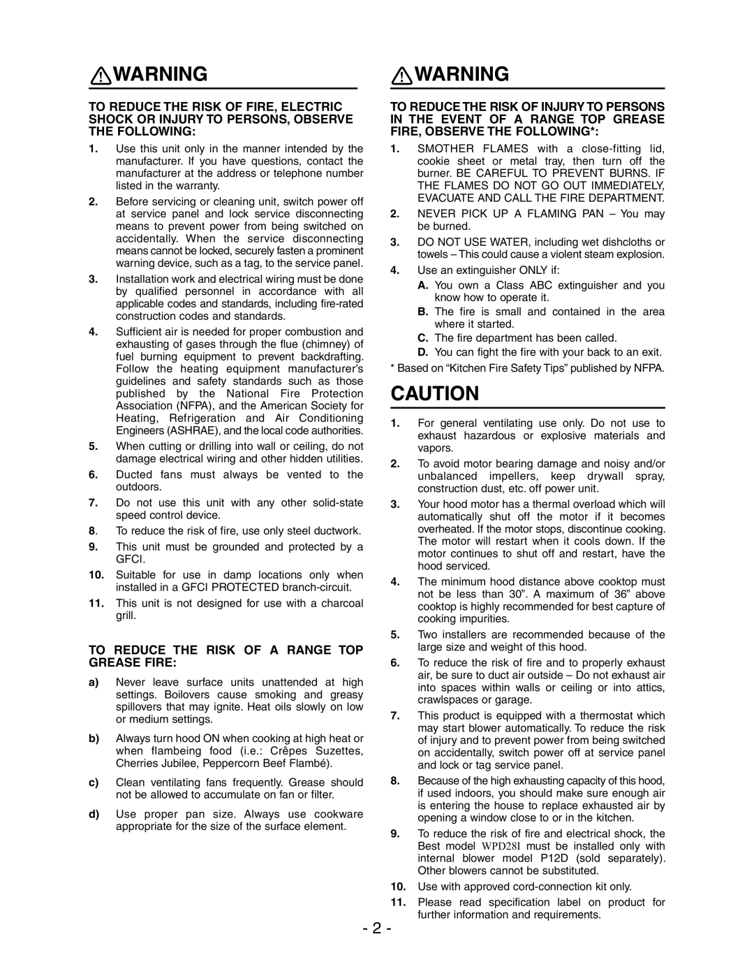 Best WPD28I installation instructions To Reduce the Risk of a Range TOP Grease Fire 