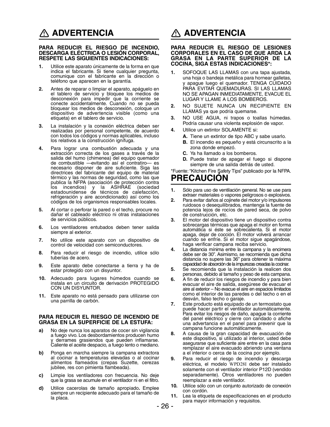 Best WPD28I installation instructions Advertencia, Precaución 