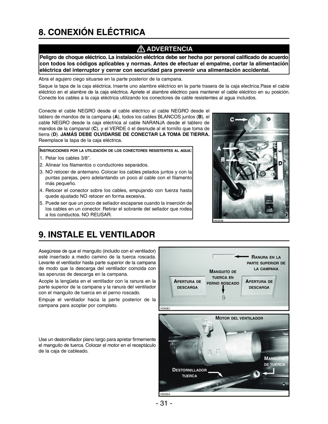 Best WPD28I installation instructions Conexión Eléctrica, Instale EL Ventilador 