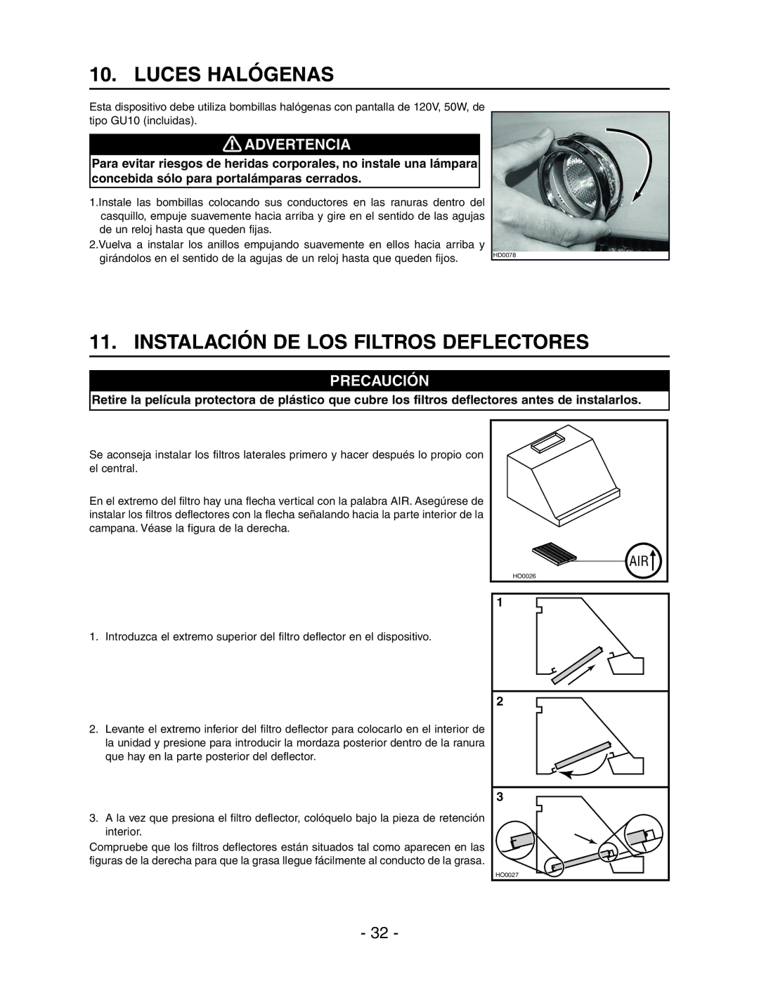 Best WPD28I installation instructions Luces Halógenas, Instalación DE LOS Filtros Deflectores 