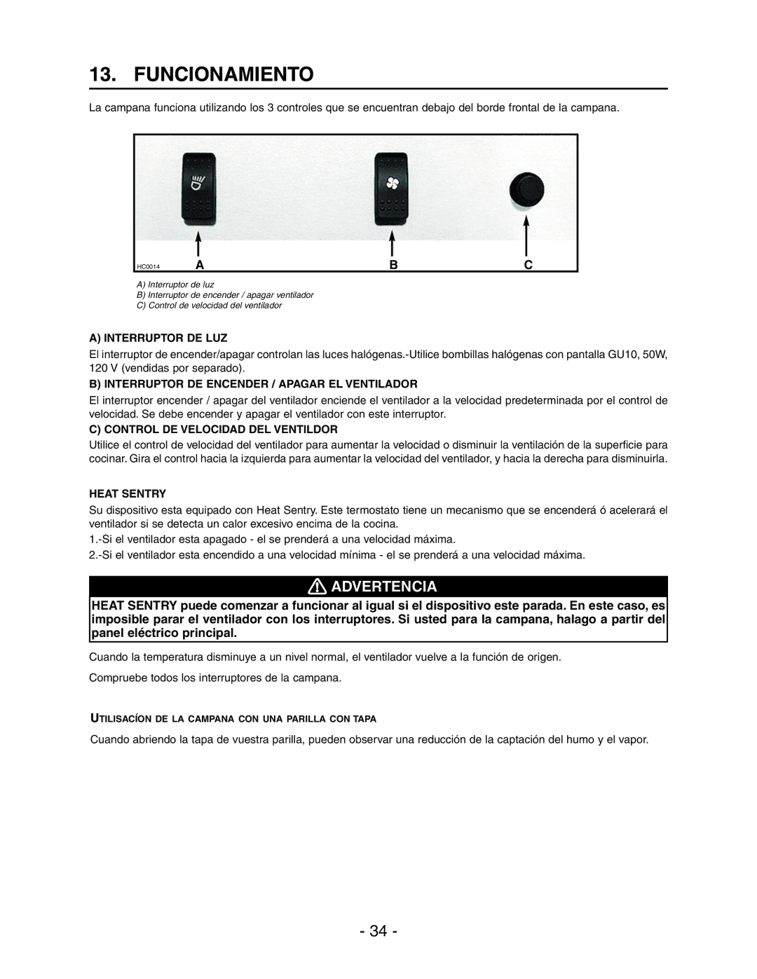 Best WPD28I installation instructions Funcionamiento, Interruptor DE LUZ 