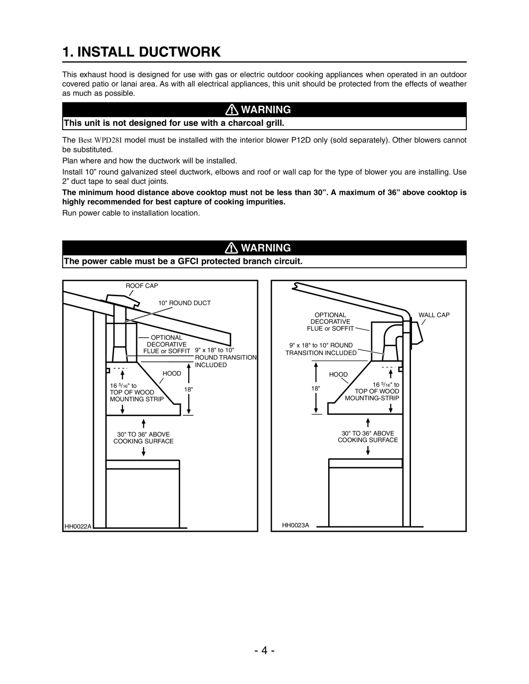 Best WPD28I installation instructions Install Ductwork, This unit is not designed for use with a charcoal grill 