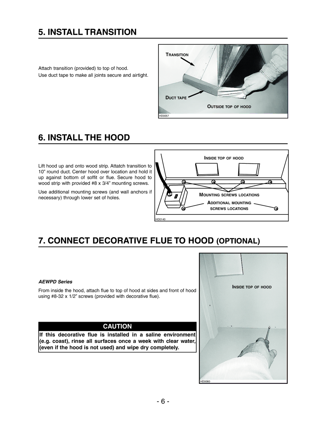 Best WPD28I installation instructions Install Transition, Install the Hood, Connect Decorative Flue to Hood Optional 