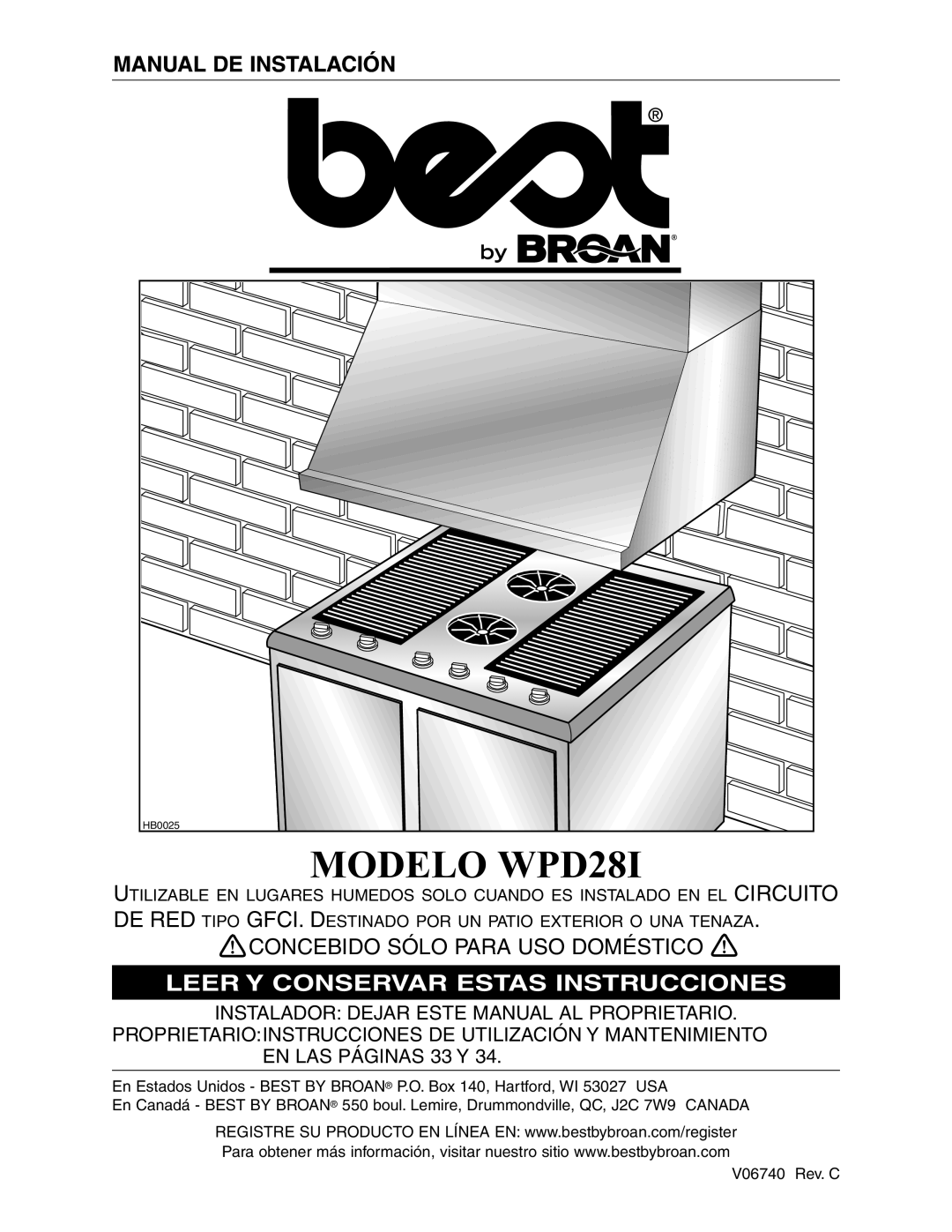 Best MODELO WPD28I, Manual De Instalación, Concebido Sólo Para Uso Doméstico, Leer Y Conservar Estas Instrucciones 