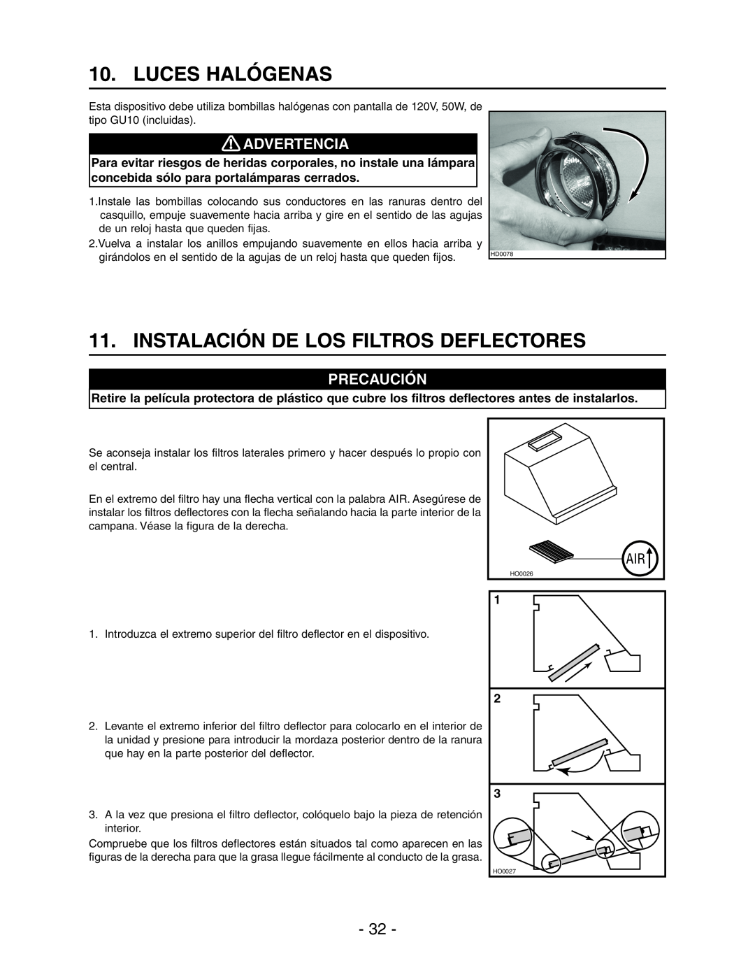 Best WPD28I installation instructions Luces Halógenas, Instalación De Los Filtros Deflectores, Advertencia, Precaución 