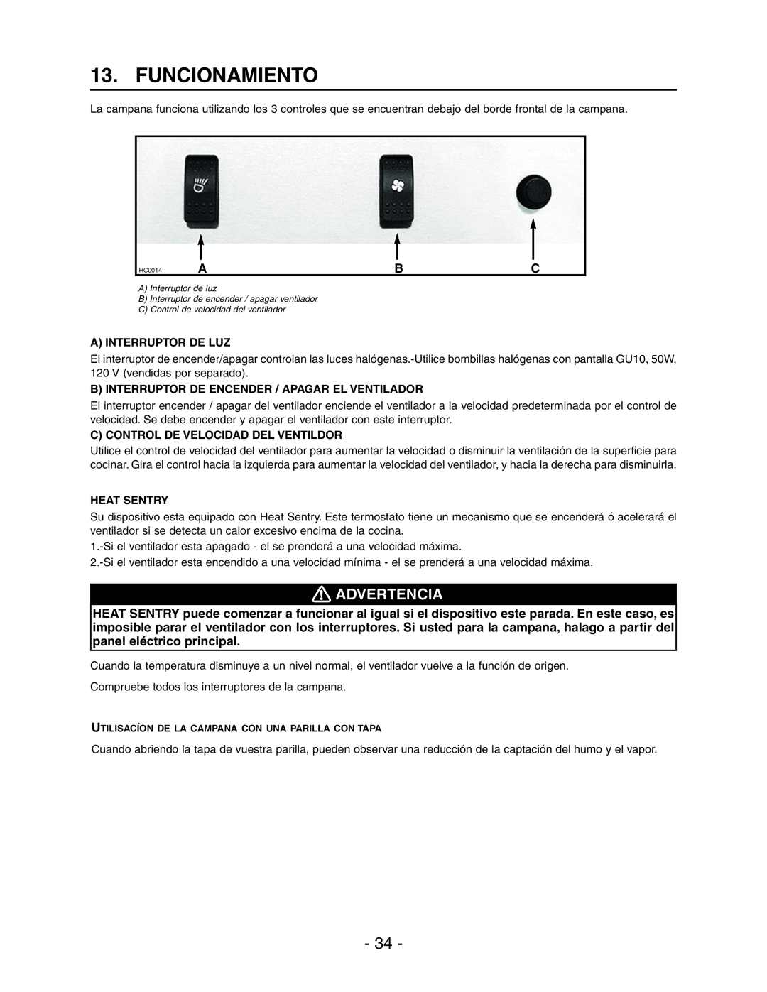 Best WPD28I Funcionamiento, Advertencia, A Interruptor De Luz, B Interruptor De Encender / Apagar El Ventilador 
