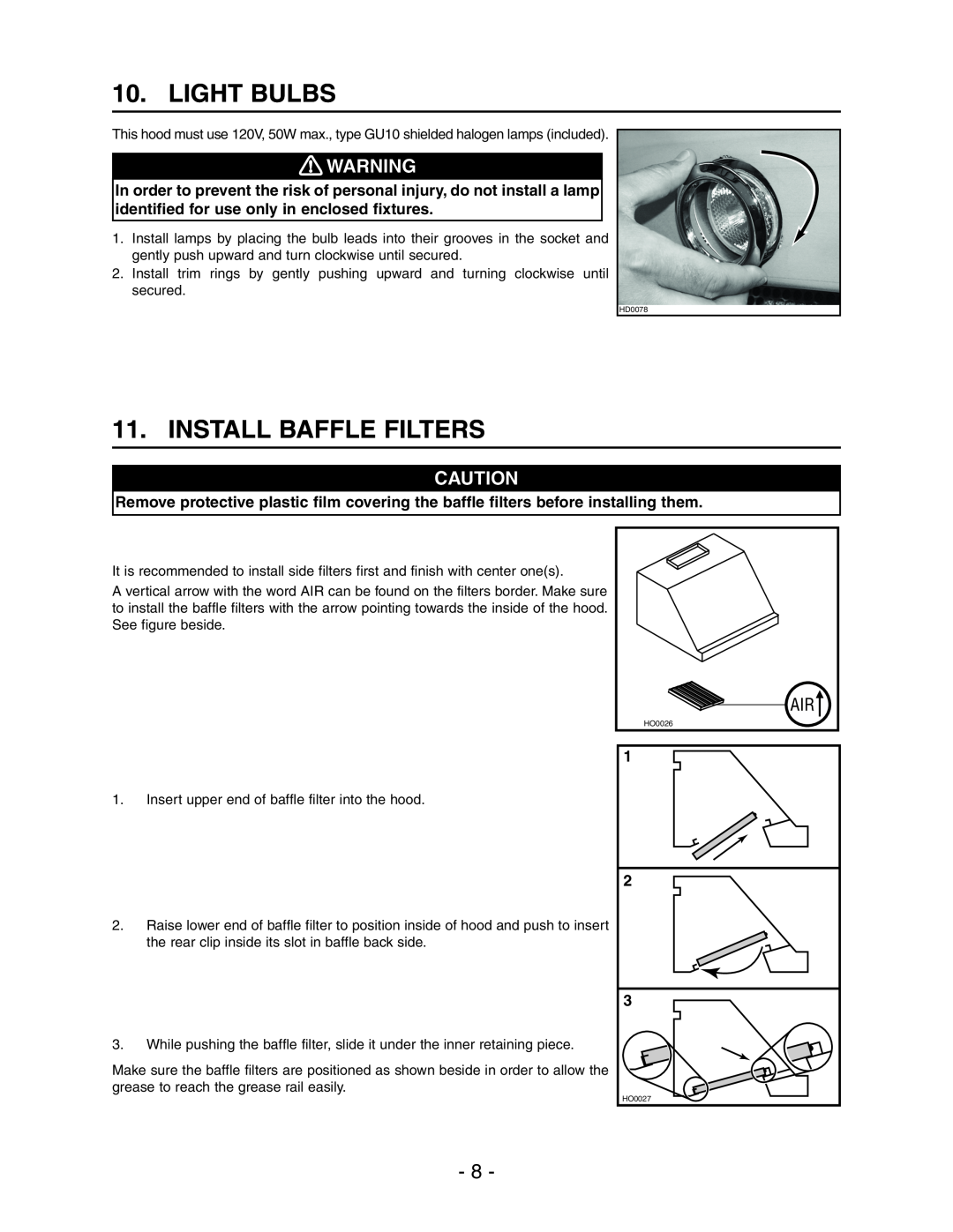 Best WPD28I installation instructions Light Bulbs, Install Baffle Filters 