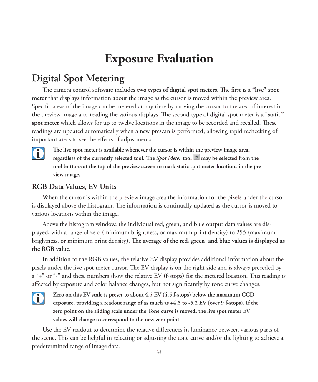 Better Light 7 manual Exposure Evaluation, Digital Spot Metering, RGB Data Values, EV Units 