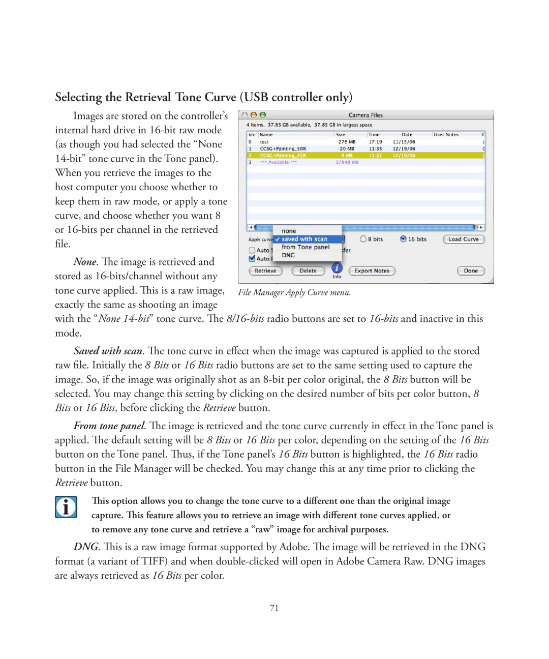 Better Light 7 manual Selecting the Retrieval Tone Curve USB controller only 