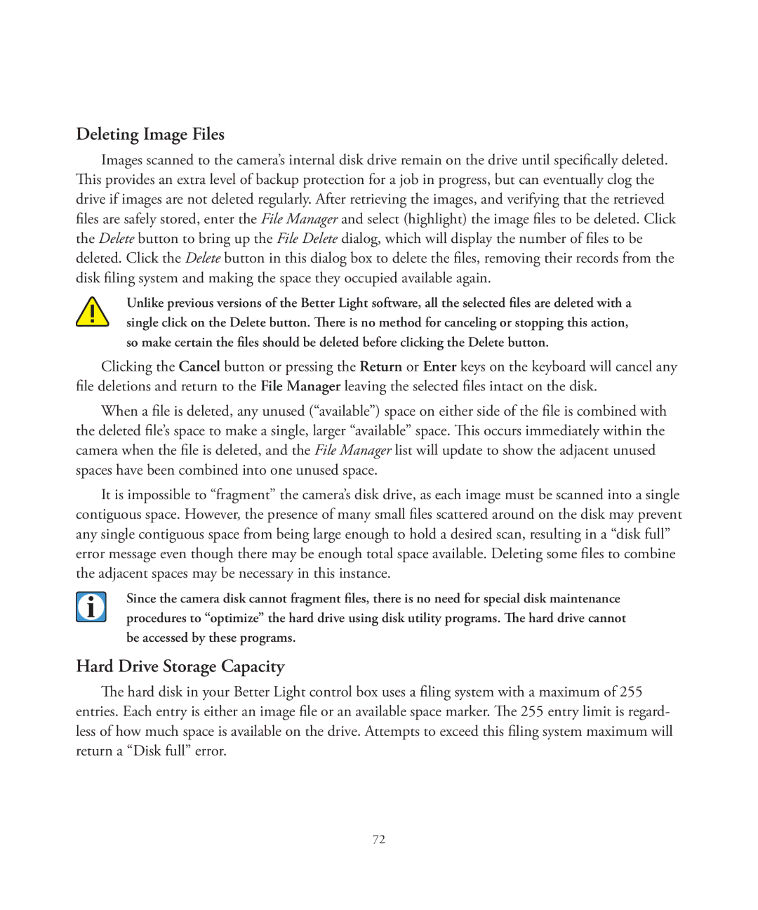 Better Light 7 manual Deleting Image Files, Hard Drive Storage Capacity 