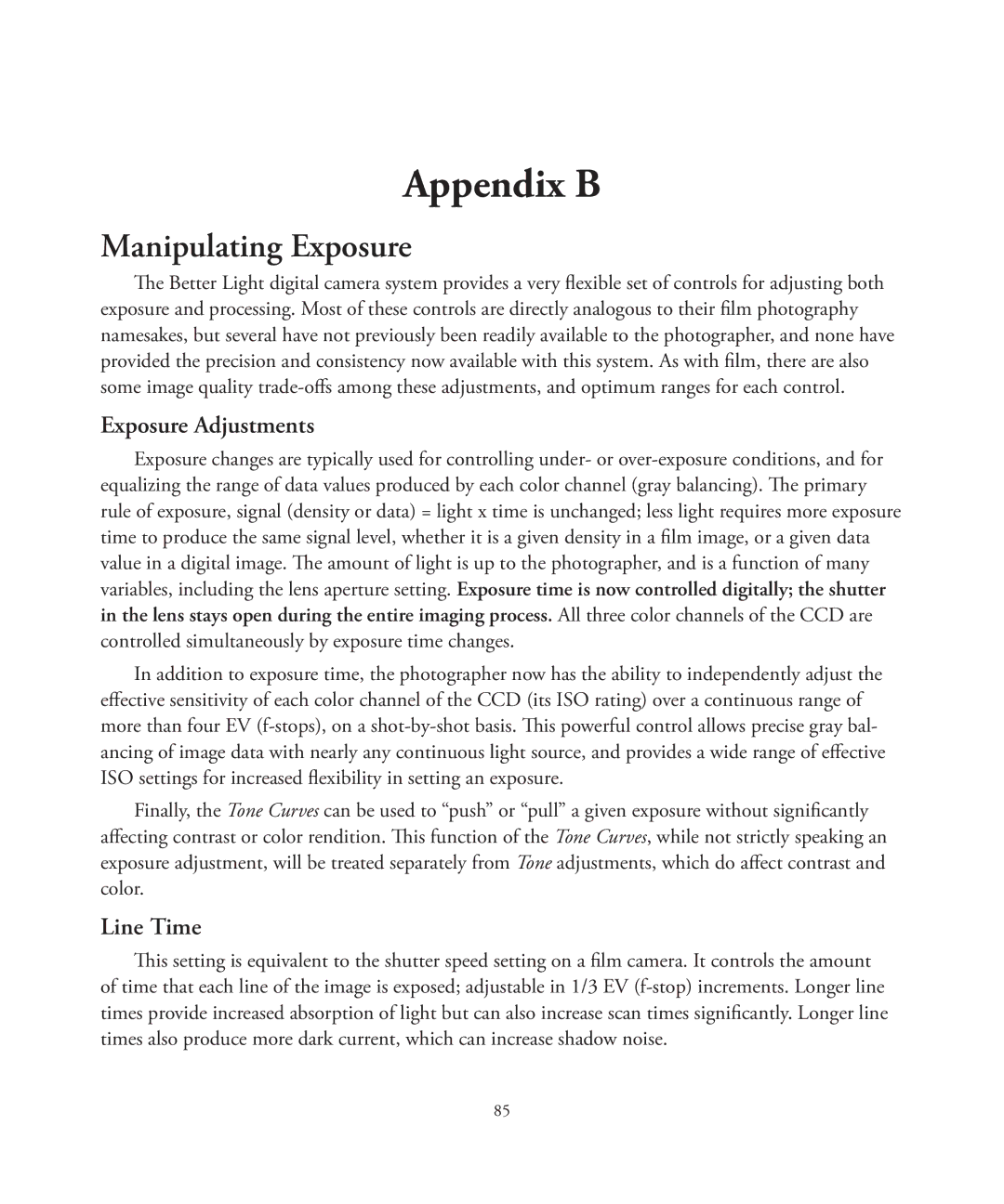 Better Light 7 manual Appendix B, Manipulating Exposure, Exposure Adjustments, Line Time 