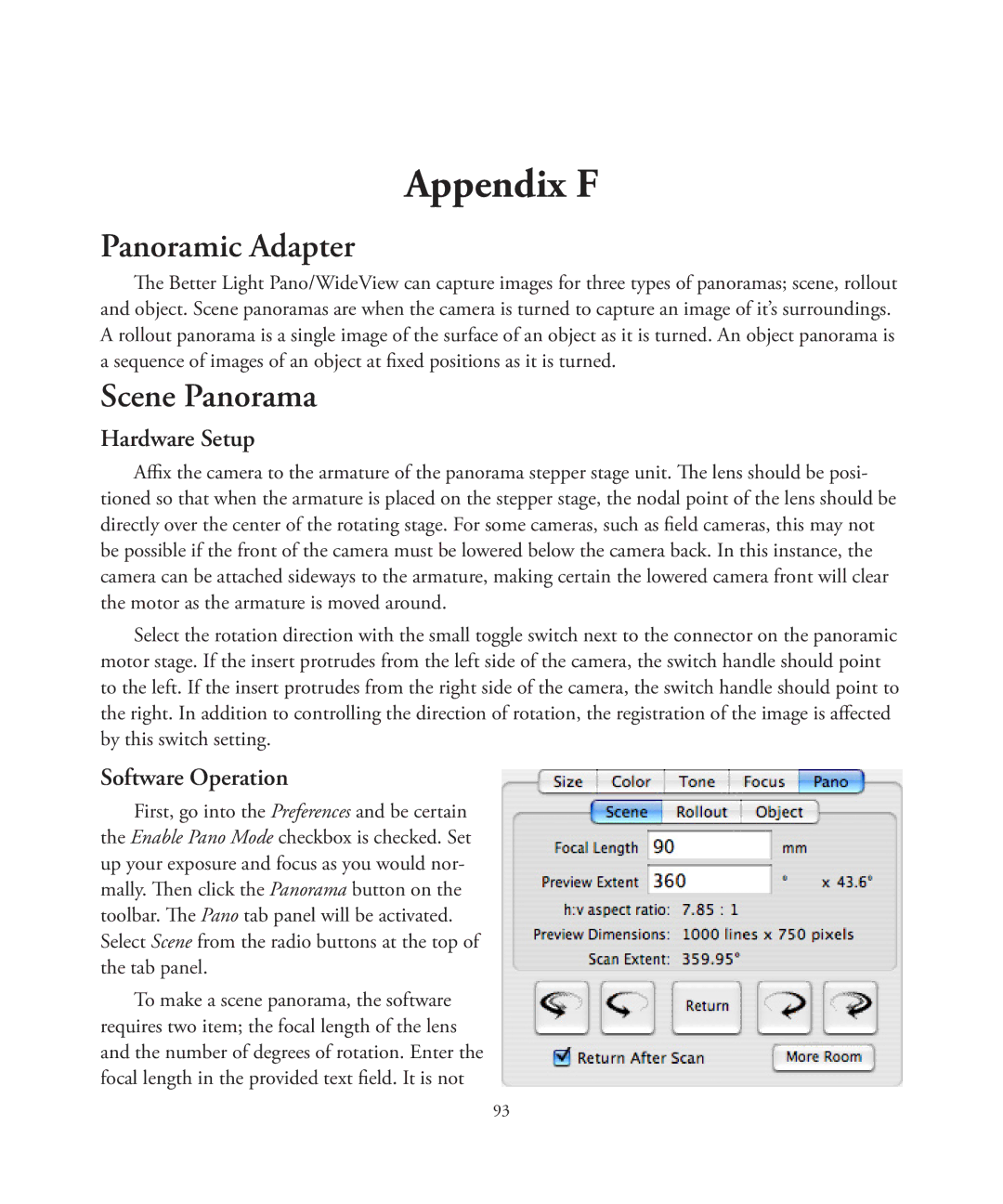 Better Light 7 manual Appendix F, Panoramic Adapter, Scene Panorama, Hardware Setup, Software Operation 