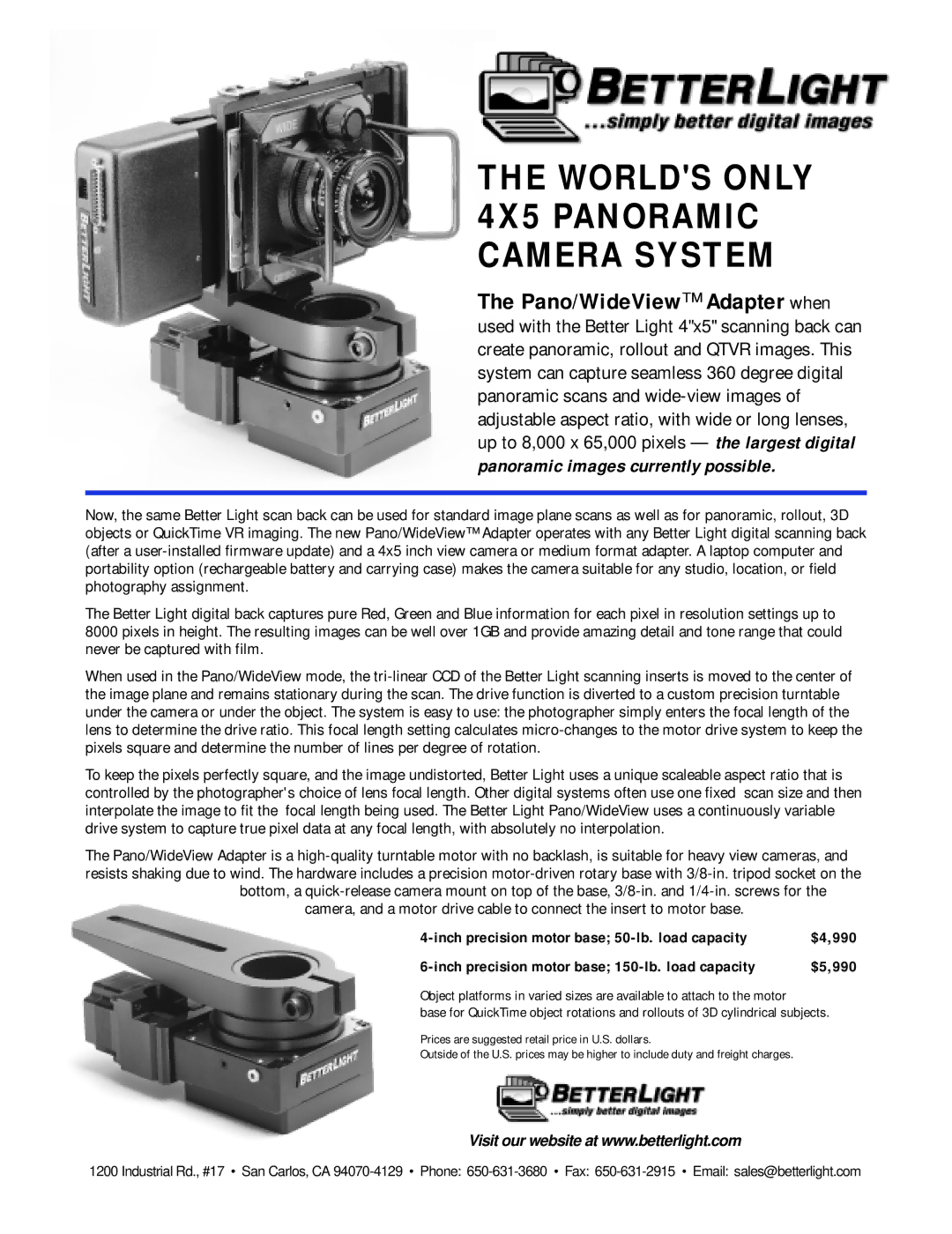 Better Light manual Worlds only 4X5 Panoramic Camera System, Pano/WideView Adapter when, $4,990, $5,990 