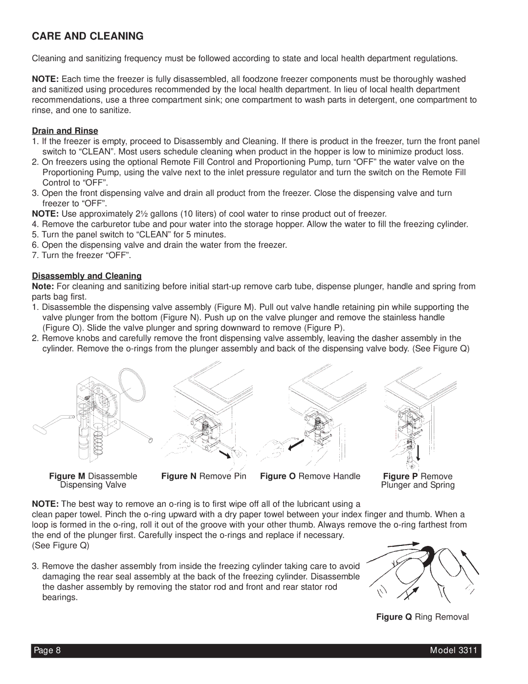 Beverage-Air 3311 manual Care and Cleaning, Drain and Rinse, Disassembly and Cleaning 