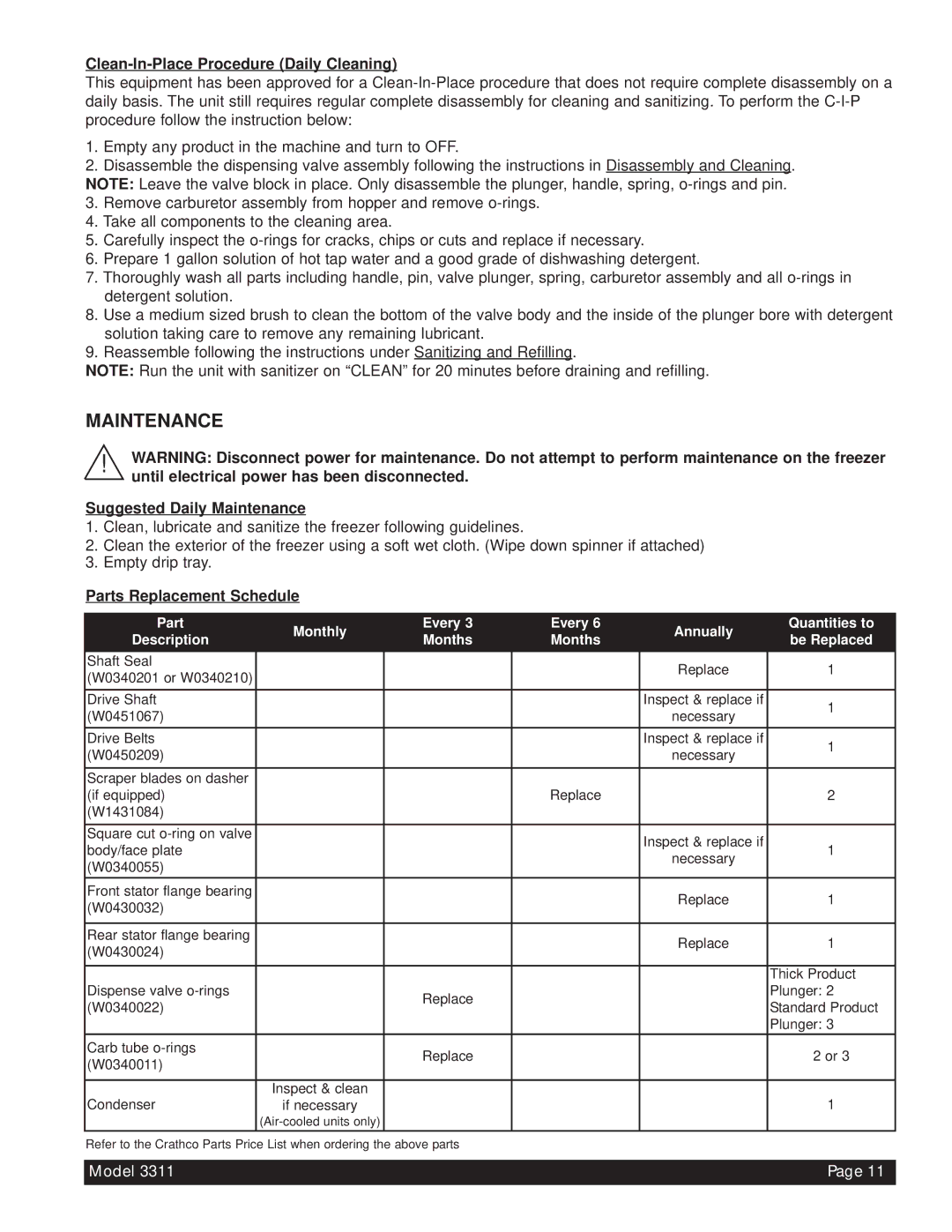 Beverage-Air 3311 Clean-In-Place Procedure Daily Cleaning, Suggested Daily Maintenance, Parts Replacement Schedule 